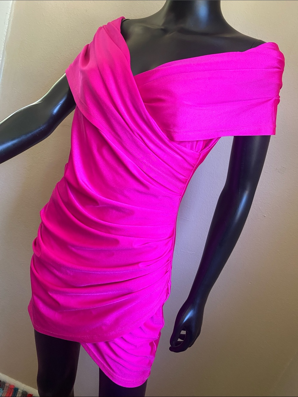 Azalea Wang Fuchsia Pink Barbiecore Glam TayTay Draped Cowl Mini Dress - Picture 4 of 13